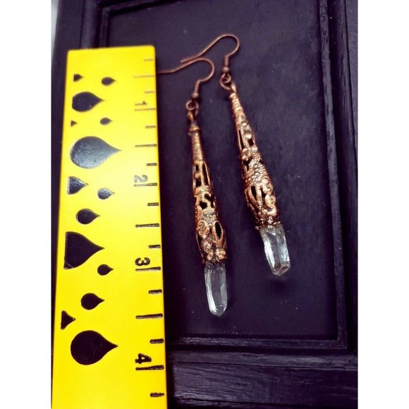 Copper plated filigree quartz crystal earrings handmade gothic style jewelry - Picture 12 of 12
